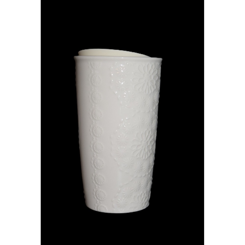 Starbucks Travel Tumbler Mug 10oz White Embossed Floral Lace Ceramic Excellent